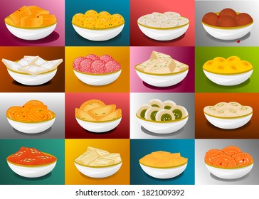 Indian Sweets or Mithai like Gulab jamun,Jalebi,Barfi,Halwa,Laddu,Petha,Sandesh,Gujiya,Kaju katli