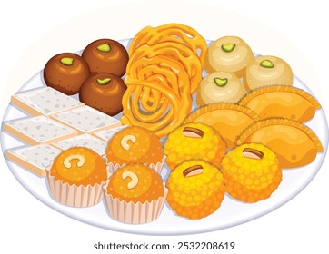 Plato de dulces indios con Gulab Jamun, Jalebi, Basen Ladoo, Gujiya, Boondi y Motichoor Laddus y Kaju Katli. Vista lateral Ilustración detallada. Postre tradicional de confitería asiática 