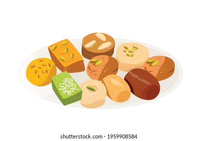 Indian sweets served in plate. variety of Peda, burfi, laddu in decorative plate vector illustration isolated on white background