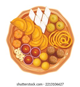 Indian sweets served in plate. variety of Peda, burfi, laddu in decorative plate vector illustration isolated on white background