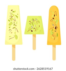 Doces indianos definir sorvete kulfi com decoração de pistache, amêndoas e fios de açafrão