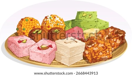 Indian Sweets Thali Illustration, Assorted Mithai with Kalakand, Barfi, Walnut Halwa, Pistachio Burfi, Gulab Jamun and Ladoo
