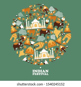 Indian symbols in round frame composition, vector illustration. Popular travel destination in Asia, exotic country. Indian festival invitation with icons of culture, tradition, nature and religion