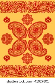 Indian symmetric red ornament on a yellow background