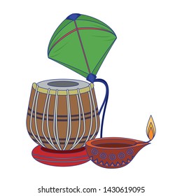 Indian tabla drum with kite and oil candle vector illustration graphic design