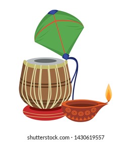 Indian tabla drum with kite and oil candle vector illustration graphic design