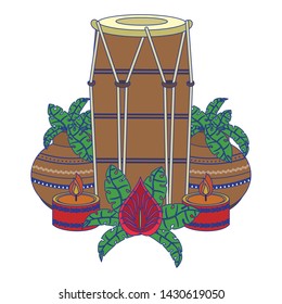 Indian tabla drum and plant pots with candles isolated vector illustration graphic design