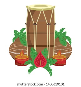 Indian tabla drum and plant pots with candles isolated vector illustration graphic design