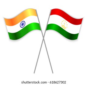 Indian and Tajikistani crossed flags. India combined with Tajikistan isolated on white. Language learning, international business or travel concept.