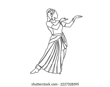 Indian Tamil dancing girl single-line art drawing continues line vector illustration