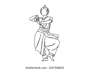 Indian Tamil dancing girl single-line art drawing continues line vector illustration