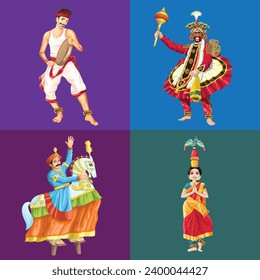 Indian Tamil Set of Folk Dance Performers in festive season