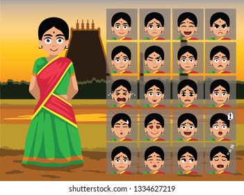 Indian Tamil Traditional Woman Cartoon Emotion faces Vector Illustration-01