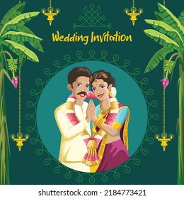 Indian Tamil wedding invitation bride and groom in smiling welcome pose