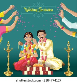 Indian Tamil wedding invitation bride and groom with hands showering flowers and blessings