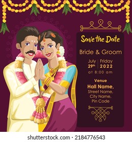 Indian Tamil wedding invitation bride and groom in welcome pose