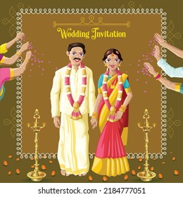 Indian Tamil wedding invitation bride and groom getting blessing from elders