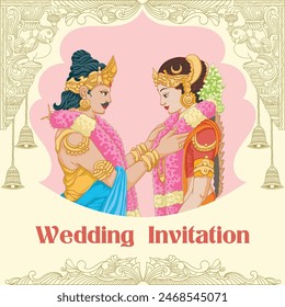 Invitación de boda india tamil novia y novio usando guirnalda de flores felizmente