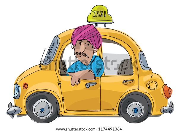 Indian taxi driver in turban sitting in taxi\
car. Caricature.\
Cartoon.