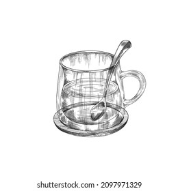 Indian tea in a glass cup, sketch vector illustration. Transparent mug of herbal or masala tea, engraved style drawing. Tea cup with spoon in it, complete with wood coaster or saucer.