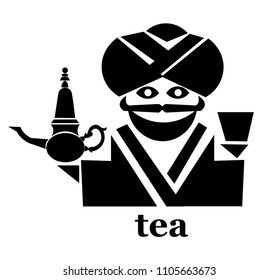 Indian tea. The Hindu holds a traditional teapot. Black and white drawing. Vector illustration. Set for the countries of the Middle East - Saudi Arabia, Kuwait, Qatar, Egypt, Sudan, Morocco