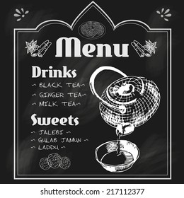 Indian tea house blackboard menu for mint ginger milk hot beverage with sweets chalk sketch vector illustration