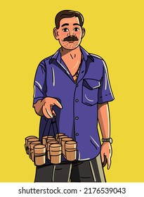 Indian tea seller with many glasses of tea in his hand. Shopkeeper with moustache 