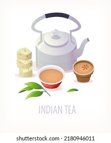 Indian tea served in traditional metal teapot. Masala chai in classic clay tea cup. Vector illustration of tea serving. Design element for menus, posters and tea party invitations.
