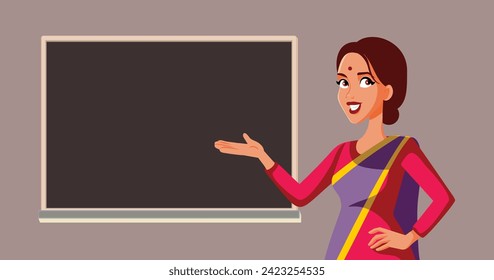 
Indian Teacher Pointing to the Blackboard Vector Character Illustration. Female professor working in academic institute 
