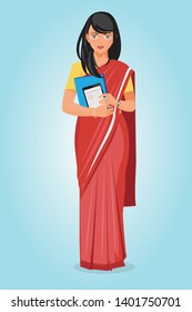 Indian Teacher Standing With File And Tab