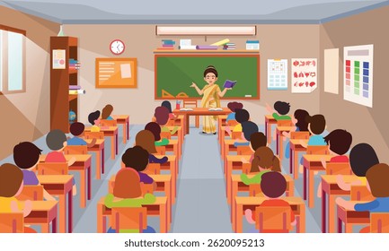 Professor indiano e alunos na sala de aula, ilustração de educação