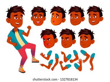 Indian Teen Boy Vector. Teenager. Fun, Cheerful. Face Emotions, Various Gestures. Animation Creation Set. Isolated Flat Cartoon Character Illustration
