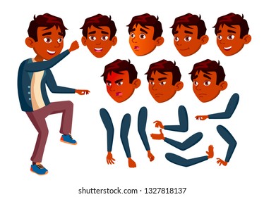 Indian Teen Boy Vector. Teenager. Cute, Comic. Joy. Face Emotions, Various Gestures. Animation Creation Set. Isolated Flat Cartoon Character Illustration