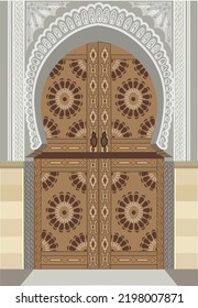 Indian temple doorwith a beautiful pattern carved from stone Wooden door with iron inlay Entrance to the temple Vector