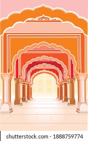 Indian temple vector illustration. Arches ancient building spirituality. touristic place. Palace. Yoga spa symbol. Orange, red, pastel colours. Religious architecture. Separate frames, Columns