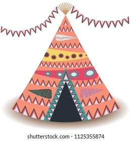Indian tent or wigwam pierced with arrows isolated on white background. Vector cartoon close-up illustration.