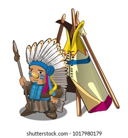 Indian tent or wigwam teepee and Indian man with spear isolated on white background. Vector cartoon close-up illustration.