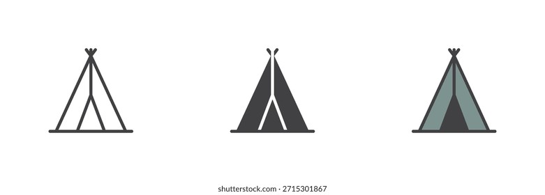 Conjunto de iconos de tienda de tipi indio que muestra estilos coloridos de líneas, contornos sólidos y rellenos. Signo de Vector de refugio tribal e ícono de símbolo, ilustración en color inspirada en viviendas prehistóricas.