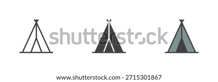 Indian tepee tent icon set showing line, solid and filled outline colorful styles. Tribal shelter vector sign and symbol icon, color illustration inspired by prehistoric dwellings.