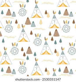 Indian tepees mountains and trees pattern