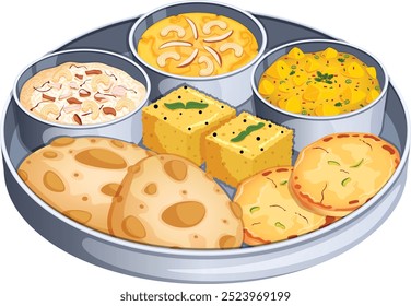 Indian Thali with Kheer\Payasam, Suji Halwa, Potato Curry, Puries, Malpua and Dhokla. Healthy Meal Vector Illustration 