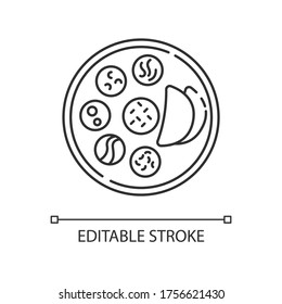 Indian thali pixel perfect linear icon. Chapati bread with sauces. Flatbreads on plate. Thin line customizable illustration. Contour symbol. Vector isolated outline drawing. Editable stroke