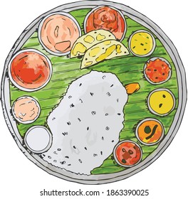 An Indian thali with rice and several little cups containing curries and gravies. Drawn in watercolor style. Vector artwork, so it can be resized without loss in quality.
