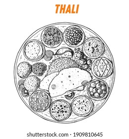 Indian thali sketch, Indian food. Hand drawn vector illustration. Sketch style. Top view. Vintage vector illustration.