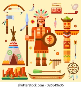 indian theme illustration set for thanksgiving day. Indian symbols: Indian man with a spear, totem, dream catcher, canoe, paddle, wigwam, tomahawk, bow and arrows.  Flat stock vector illustration set.