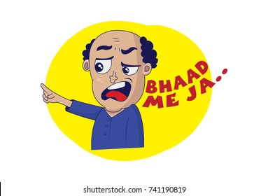 Indian themed Chat Stickers - a Angry man saying go to hell. Vector Illustration. Isolated on white background.