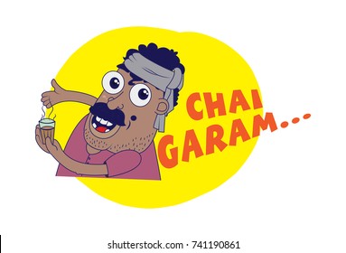 Indian themed Chat Stickers - a man with a tea cup saying CHAI SALT
. Vector Illustration. Isolated on white background.