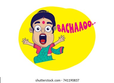Indian themed Chat Stickers - a Woman shouting HELP. Vector Illustration. Isolated on white background.