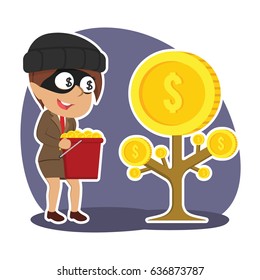indian thief businesswoman harvesting coins from someone else coin tree