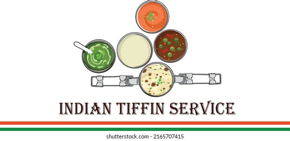 Indian Tiffin Service Logo, Indian Tiffin Center vector, Food Tiffin illustration, Sketch drawing of Indian food Lunch Box